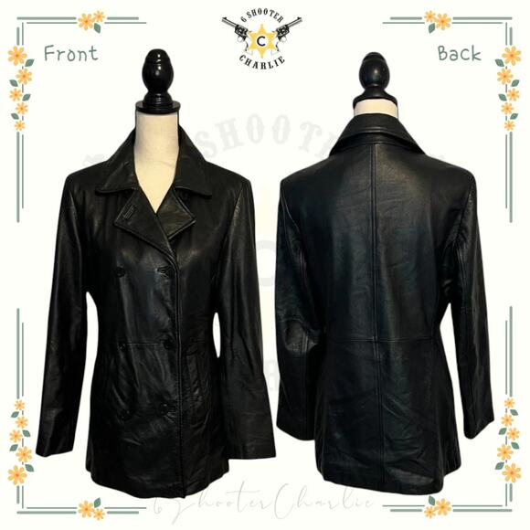 Vintage GUESS Black Double Breasted Genuine Leather Jacket Womens Size Medium - Picture 1 of 8